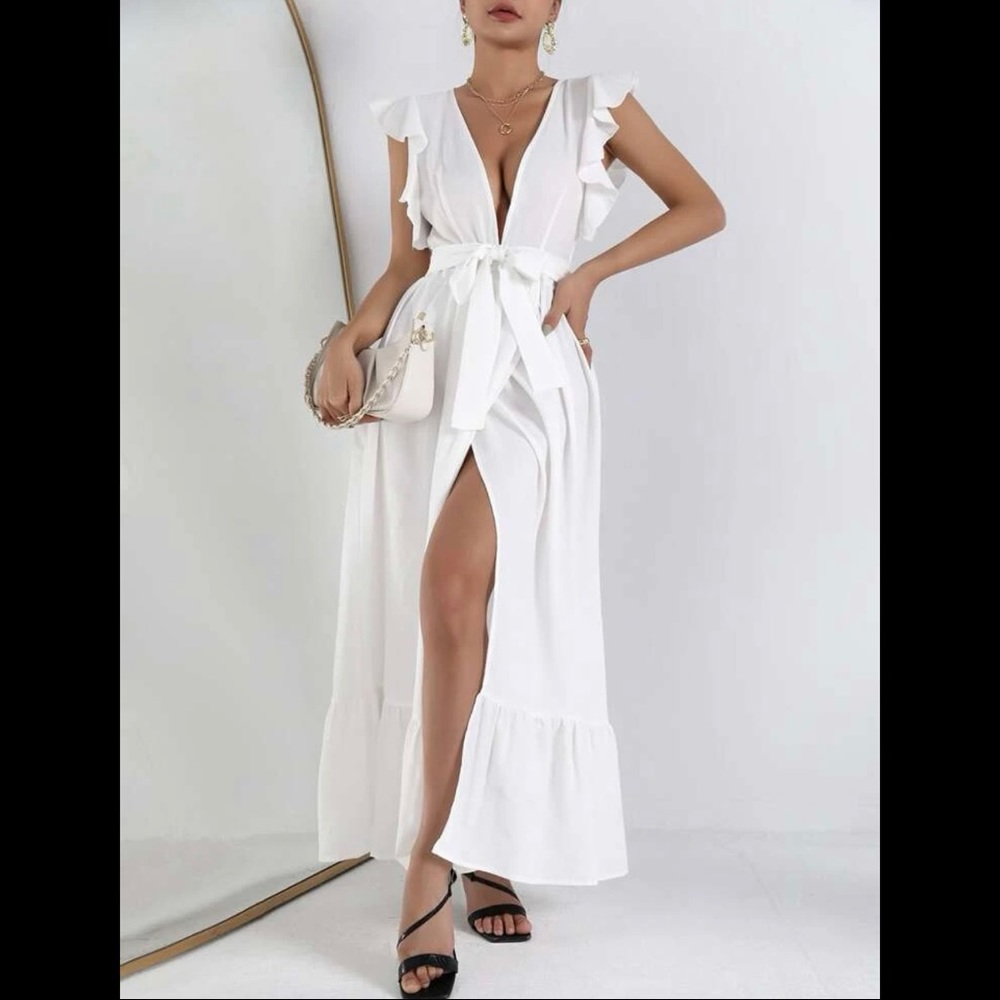 Flowy white deep v-neck dress
